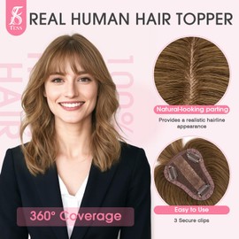 Real Human Hair Topper for Women Clip In Bangs Handmade Lace Base 3 Clips Enhanced Coverage Stylish & Comfortable 8×10cm, 08 Inch, Medium Brown
