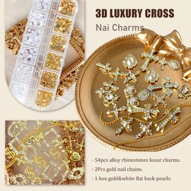 3D Luxury Cross Nail Charms,Gold White Flat Back Pearls Half Bead for Crafting,Cute Y2k Nail Rhinestones Gems for Nail Art Heart Flower Virgin Mary Angel Religious Charms Nail Chains Bulk