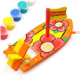 WHAMVOX Handmade DIY Wooden Boat 12pcs Kit for Kids Wooden Sailboat Paint Craft Home Decor