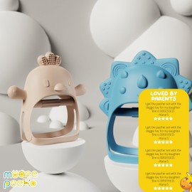 Baby Teether Pack of 2 Wearable Pacifier Teether Toy - Little Chick Mini Dino - Blue and Beige by Muqee Peeko