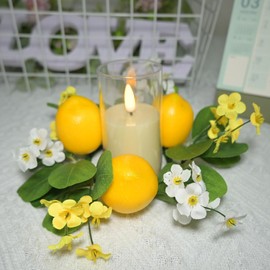 4Pcs Lemon Candle Rings Wreaths 3inch Center Decorative Greenery Candle Holder Rings with Flowers Spring Mini Wreaths for Pillar Wedding Farmhouse Front Door Wall Table Centerpiece Home Decorations
