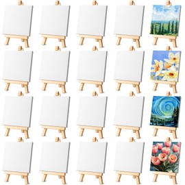 JJUNW 24 Pack Small Painting Canvas with Mini Easel, 4 x 4 Inch Mini Canvases with Easel Sets Art Canvases Painting Kit with Wood Display Easels for Adults & Kids Party Classroom Crafts