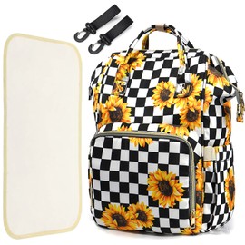 LIMHOO 3 in 1 Diaper Bag Backpack, Multifunction Large Baby Bags with Changing Pad & Stroller Straps, Waterproof Nappy Bag for Mom Baby Care (Checkered Sunflower)