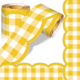 65FT Light Yellow Gingham Bulletin Board Border Rolled Border Scalloped Border Plaid Blue Bulletin Board Stickers for Decoration Party Home Office