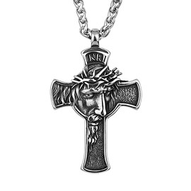LOBON Christian Cross Necklace Stainless Steel Religious Faith Talisman Pendant Men Women Crucifix Prayer Jewelry Gift (Jesus Cross Necklace-2)