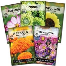Sow Right Seeds - Annual Flower Seed Garden Collection for Planting - 5 Packets Includes Marigold, Zinnia, China Aster, Sunflower, and Cosmos - Grow in Pots or Outside, Raised Beds - Variety Pack