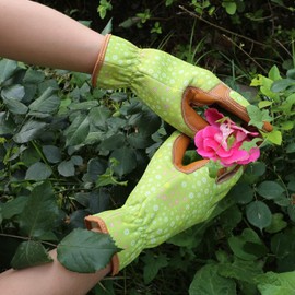 OLSON DEEPAK Leather Gardening Gloves for Women Thorn Festival Work Gloves for Weeding, Digging, Planting, Raking, Pruning and Gardening (Green)