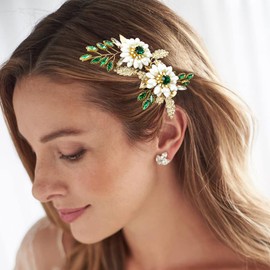 BETITETO Green Bridal Hair Clip White Enamel Flower Gold Leaf Crystal Wedding Hair Vine Piece Accessories for Women Girls (Green)