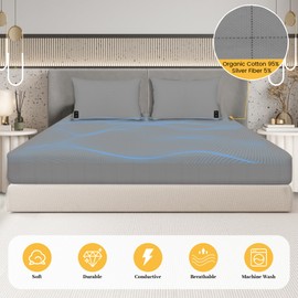 HUNAIGEE Conductive Grounding Sheet Twin Size Grounding Fitted Sheet with Grounding Cord Silver Fiber Earthing Sheet for Better Sleep Organic Cotton Health EMF Protection 39"x80" Gray