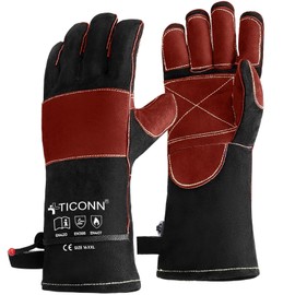 TICONN 16 Inch Welding Gloves, 1000°F Heat-Resistant Fireproof Leather Gloves for Welders, Stick, Forge, Mig, Tig, BBQ, Baking, Oven (Black/Red, XL)