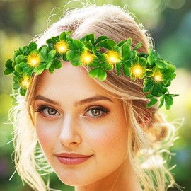 Jovono Light Up Leaf Headband Crown Green LED Wreath Hair Crowns Bride Wedding Fairy Garland Crown Festival Headpiece for Women (Warm, Free Size)