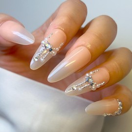 30 Pcs Press on Nails Long Stiletto Handmade False Nails with Pearl 3 D Crystals Designs Glue on Nails Nude Glossy Acrylic Gel Nail Full Cover Artificial Stick on Nails for Women Girls