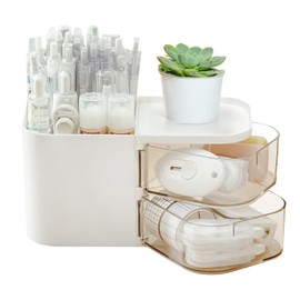 HOSTK Desk Organizer with 2 Drawers, Desk Organizers and Accessories, Makeup/Cosmetic Organizer Box, Multi-Functional Pencil Pen Holder for Desk, Desktop Organizers for Office Supplies Home School