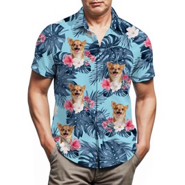 Lussues Nee Chihuahua Hawaiian Shirts for Men,Button Down Beach Casual Shirtss Blue