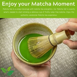 KAISHANE Japanese Matcha Whisk Set Matcha Tea Ceremony Set of 4 Including 100 Prong Matcha Whisk, Traditional Scoop, Tea Spoon and Ceramic Matcha Bowls
