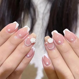 Press on Nails Square French Tip 24Pcs Glossy Full Cover Artificial White Medium Fake Nails with Flower Gems Designs Coffin Acrylic False Nails Sets Glue Stick on Fingernails with Charm for Women