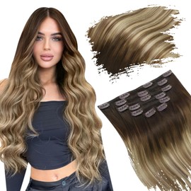 Ugeat Clip in Hair Extensions Brown to Blonde Balayage Clip in Real Hair Ombre Clip in Extensions 120g 7Pcs 18 Inch Double Weft Clip in Human Hair Extensions #4/6/613