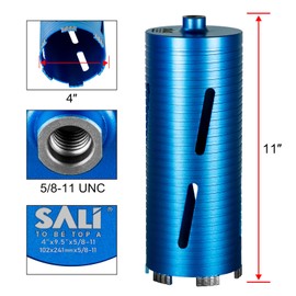 SALI Diamond Core Drill Bits 4" Diameter 10"/254mm Drilling Depth 5/8-11" Thread Core Bit Turbo Laser-Welded Segments for Cured Concrete with, Brick, Block, Masonry, with Two Adapters