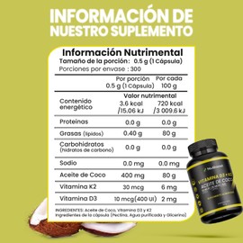 NuBoost Vitamina D3 + K2 | 300 Cápsulas Blandas con Aceite de Coco | 400 UI D3 & 30mcg K2 
