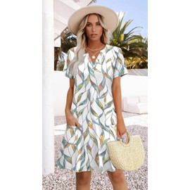 WIHOLL Casual Dresses for Women with Pockets Summer Outfits Wedding Guest Dress v Neck Spring Tshirts Dress Boho Midi Floral Dresses Beach Vacation Clothes Cruise Travel Date Outfits M