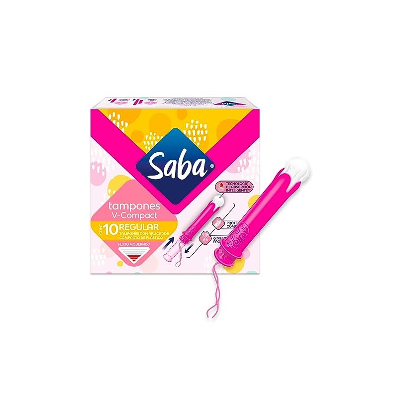 Saba Tampones Regular Con Aplicador Compacto, Flujo Moderado, 10 Piezas