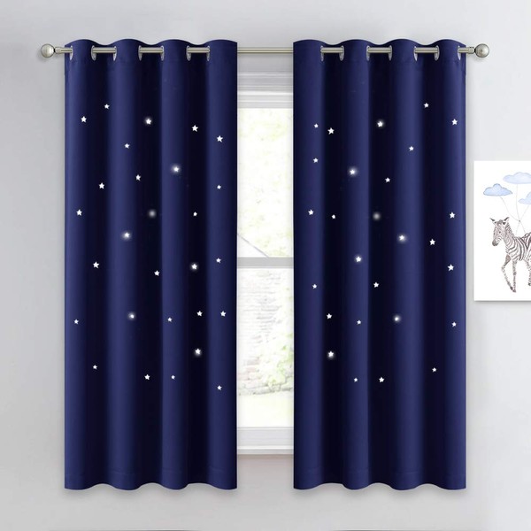 NICETOWN Children Blue Blackout Curtain - Hollow Star Space Inspired Night Sky Twinkle Christmas Star Curtain, Window Drape for Bedroom (1 Panel, 52 x 63 inches Panel, Navy Blue)