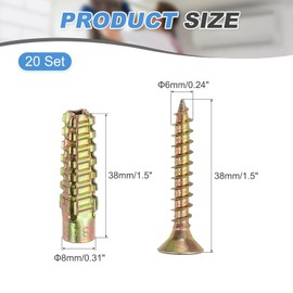 PATIKIL 20 Pcs Drywall Hollow Wall Anchors with Screws 0.24 x 1.5, Steel Dry Wall Anchors Kit for Wooden Concrete Plaster Hinge Hole Repair, Brass (8 x 38mm)