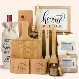 IANFEPH Housewarming Gift Set, 17 Pcs New Home Gift Basket, Bamboo Serving Board, Wooden Coasters, Cooking Spoons, Lavender Scented Candle & More