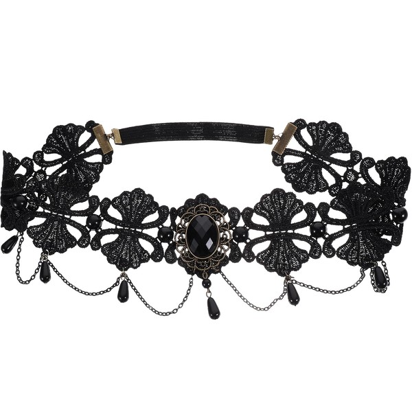 Lurrose Forehead Chain Halloween Gothic Lolita Black Pearl Lace Elastic Hair Band Crown Headband Headwear
