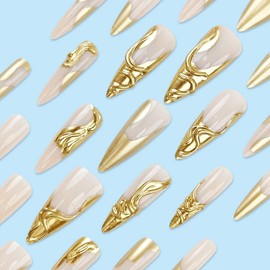 3D Gold French Tips Press on Nails 3D Curve Line False Nails Streamer Long Stiletto Acrylic Fake Nails Glossy Gold River Stick on Nails Y2k Design Gel Glue on Nails for Coquette Women Girls 24Pcs