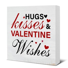 Valentines Day Decor Farmhouse Hugs Kisses and Valentine Wishes Wood Sign Valentine's Day Decorations for Home Bedroom Shelf Valentine Gifts