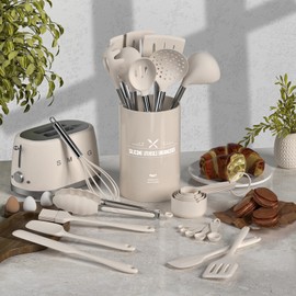 Umite Chef Silicone Kitchen Cooking Utensil Set, 43 pcs Spatula Set with Stainless Steel Handle, Non-stick Heat Resistant - Best Cookware Set-(Khaki)