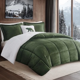 Woolrich Reversible Comforter Set Ultra Soft Plush to Sherpa, Down Alternative, Cold Weather Winter Warm Bedding, with Matching Sham, Decorative Pillow Green/Ivory King 4 Piece