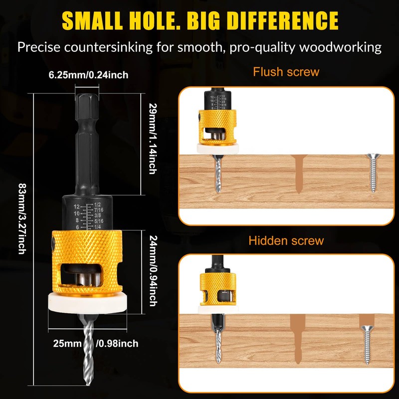 5PCS Countersink Drill Bit Set, Low Friction Depth Stop, 1/8