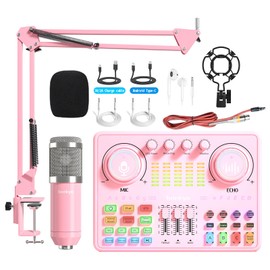 Bonkyo Podcast Equipment Bundle: Audio Interface & DJ20 Mixer with XLR Mic, Voice Changer, 2400mAh Battery for Podcasting, TikTok Live Streaming, and Gaming (Pink)