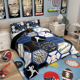 Erosebridal Sports Comforter King Size,Baseball Bedding for Kids Boys,Baseball Player Comforter Sets,Vintage Ball Patchwork Honeycomb Duvet Insert with 2 Pillowshams Lightweight Warm