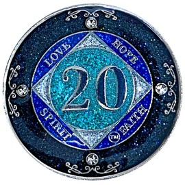 (Years 1-50) NA 20 Year Crystals and Glitter Medallion, Silver Color Plated Coin, Black Rainbow, Blue Glitter and Four Clear Crystals, Epoxy Covered (NA 20 Year Glitter & Crystals Medallion)