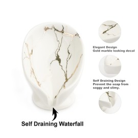 Self-Draining Soap Dish White Ceramic with Marble Brush Gold Soap Holder Waterfall Soap Dish Soap Savers for Bar Soap, for Bathroom, for Shower, for Bar Counter.