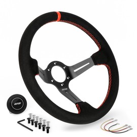 DND Performance Interior's Suede Race Wheel with Red Stitching / 350mm Diameter and 75mm Depth / 6x70mm Bolt Pattern/Suede Racing Steering Wheel with Horn Button Included
