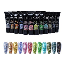 Obp Poligel Nail Glitter Grueso Para Decoración De Uñas 12pz15ml