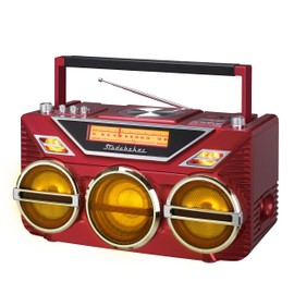 Retro Studebaker Avanti Stereo Boombox with CD, FM Stereo Radio, Bluetooth Receive and Transmit, LED Light Show and 15W Subwoofer for High Power Bass (Red)