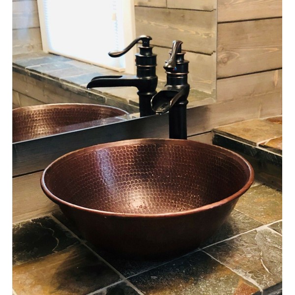 14" Handmade Round Copper Vessel Bath Sink Brushed Sedona Highlighting