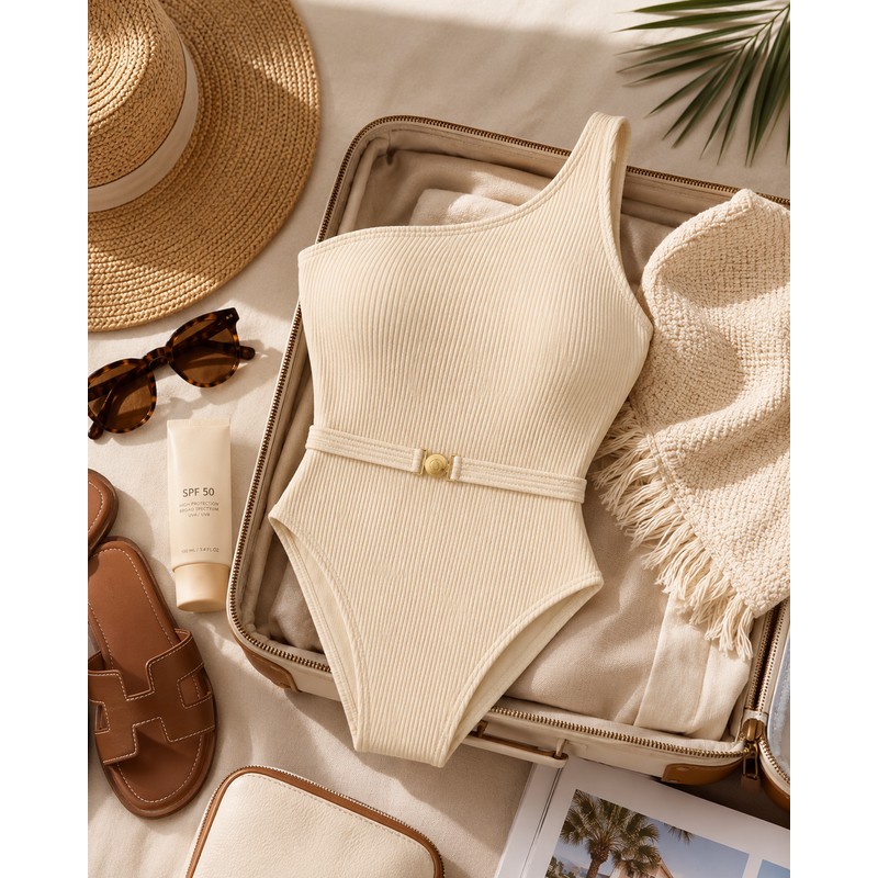 Women’s One-Shoulder One-Piece Swimsuit for Beachwear – Belted Monokini for