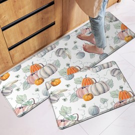 Moladika Watercolor Pumpkin Kitchen Mats Set of 2 Autumn Thanksgiving Kitchen Mats for Floor Fall Maple Leaves Cushioned Anti-Fatigue Kitchen Mat Kitchen Floor Mats for Kitchen