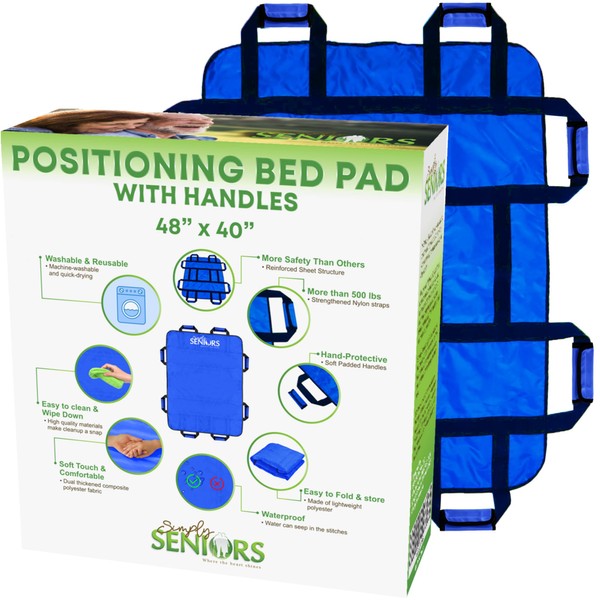 Positioning Bed Pad with Handles 48" X 40"- Bed Mobility Aid for Seniors, Disabled & Limited Mobility - Non-Slip, Washable & Comfortable - Enhance Safety & Independence - Draw Sheets for Bed Transfers