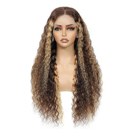 Xojao Highlight Water Wave HD Lace Front Wigs Human Hair 10A Deep Curly Honey Blonde 13x4 Transparent Lace Frontal Wigs P4/27 Wet And Wavy Wigs Human Hair for Women 180% Density (22Inch, Highlight)