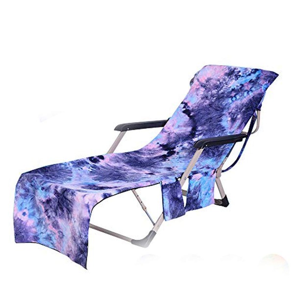 Beach Chair Cover with Side Pockets Tie Dye Microfiber Terry Chaise Lounge Chair Beach Towel Cover for Pool Sunbathing Vacation (Blue)