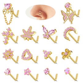 Milacolato Pack of 14 20G Nose Piercing Studs for Women Pendant 14K Gold Silver Stainless Steel Nose Stud L S Shape Corkscrew Piercing Heart Moon Nose Stud Nostril Piercing for Women