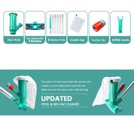 POOLWHALE Upgrades Pool Spa Pond Mini Jet Vac Vacuum Cleaner w/Brush, Bag,6 Sections Telescopic Pole of 56.5" and Handle