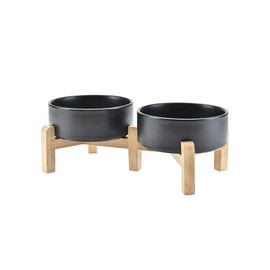 SPUNKYJUNKY Elevated Dog Bowls Ceramic, 5.1'' Dogs and Cat Food Water Bowls Raised with Non-Slip Bamboo Stand for Puppy Small Sized Breed Microwave Dishwasher Safe - 13.5 OZ,Black